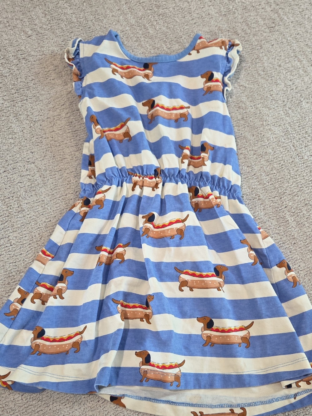 Mini Boden Red White Blue and Cream Striped Dress with Dachshund Hotdog Print